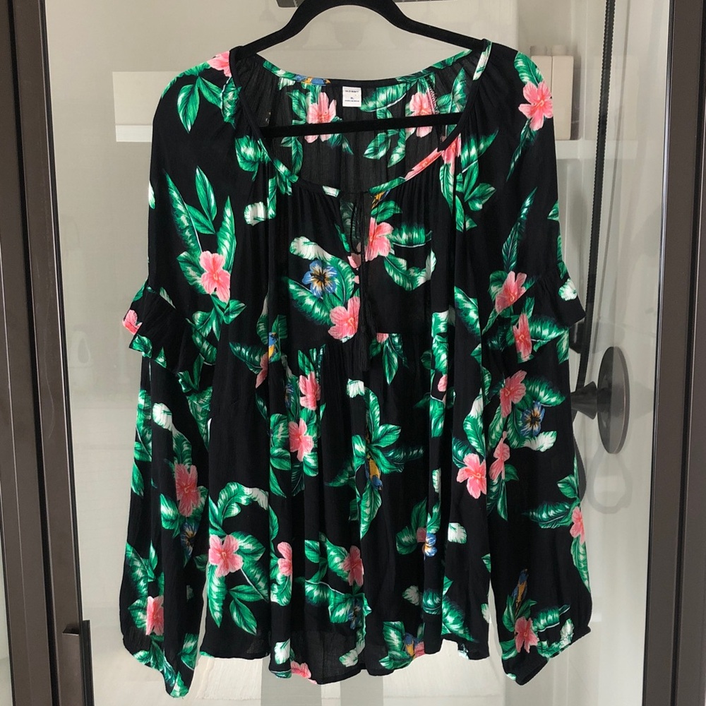 Old Navy Black Blouse with Pink and Green Floral Design XL tassel tie